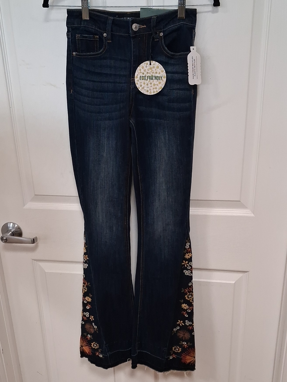 Ashley Mason Dark Blue Flare Jeans with Floral Embroidered Hem